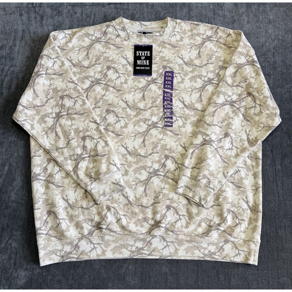 NWT State of Mine Camo Crewneck Fleece Sweatshirt Men's 2XL White Camo Comfort